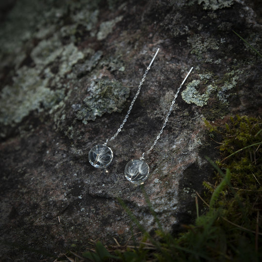 Dandelion - Silver thread earrings with real flowers